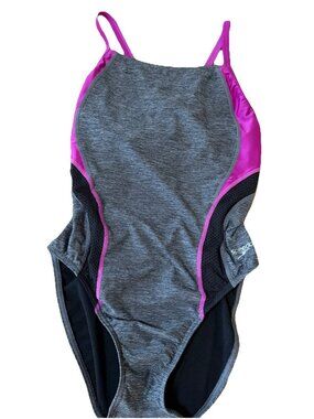 SPEEDO gray w black mesh & hot pink sides  Flyback ProLT Swimsuit 12/38
